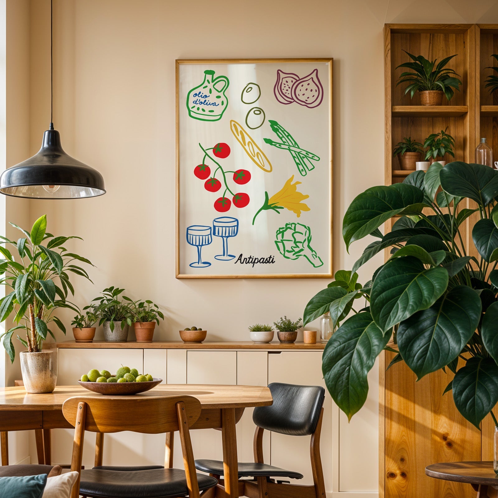 Antipasti line art print in an oak frame above a sideboard in a plant-filled dining room