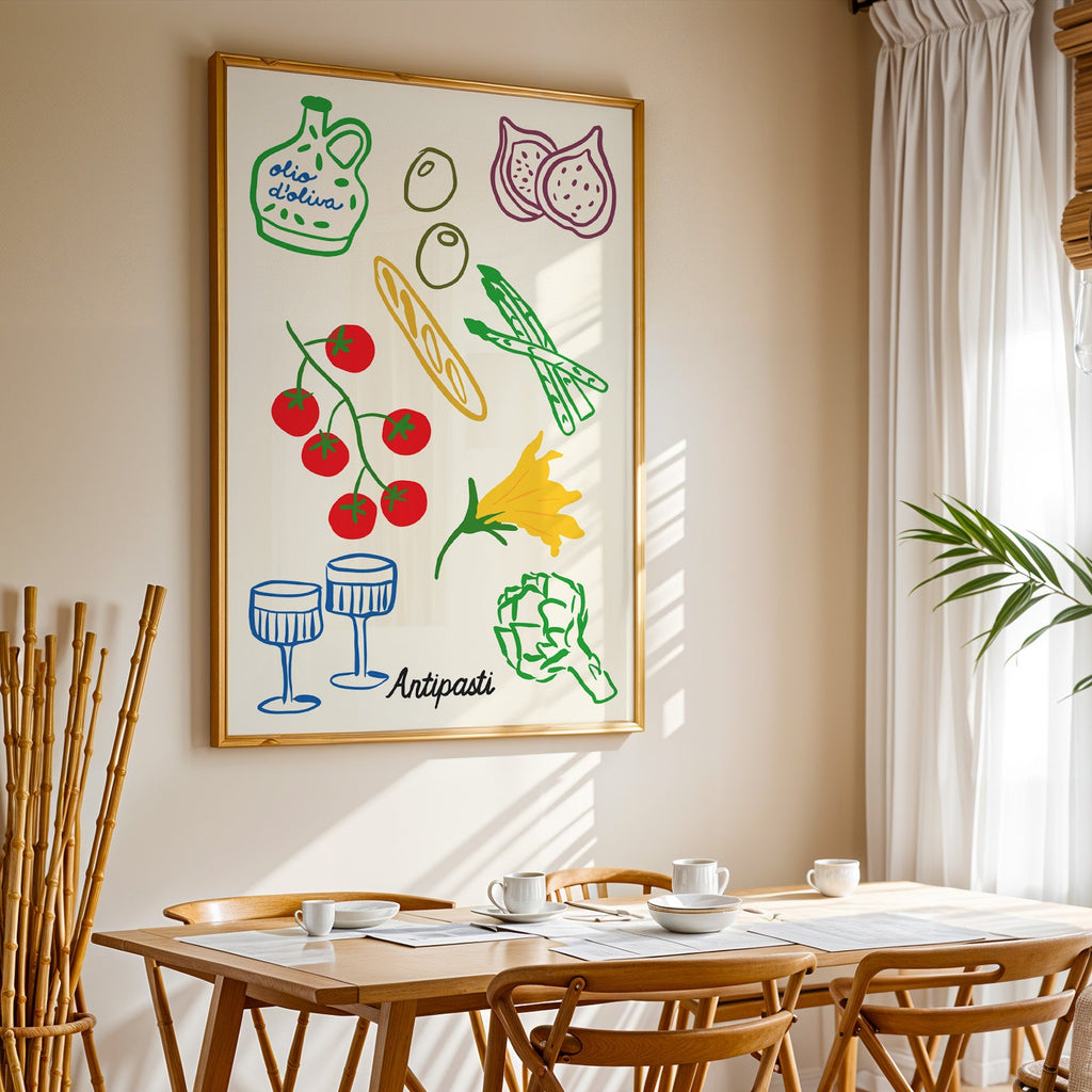 Antipasti line art print in a gold frame above a sunlit breakfast table
