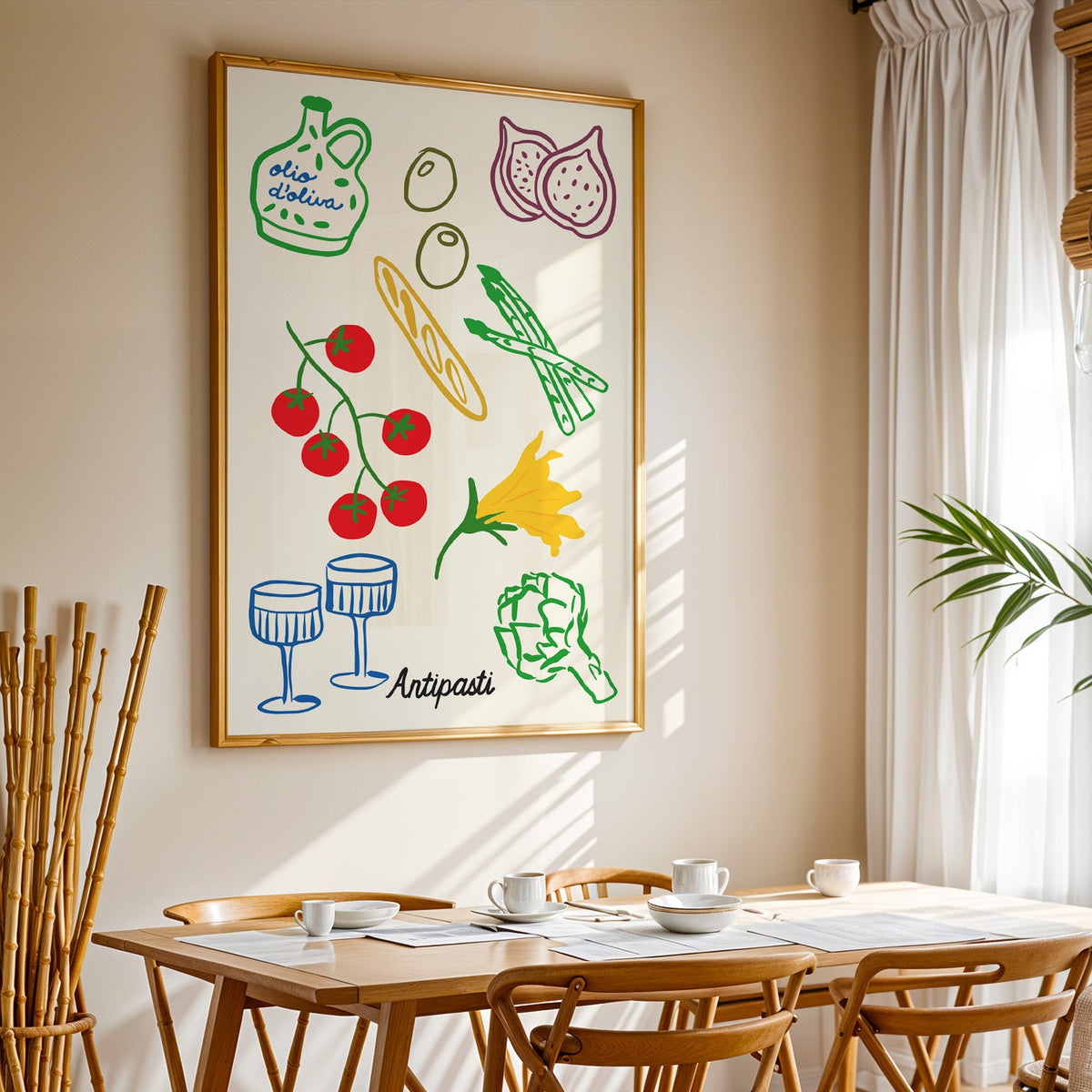 Antipasti line art print in a gold frame above a sunlit breakfast table