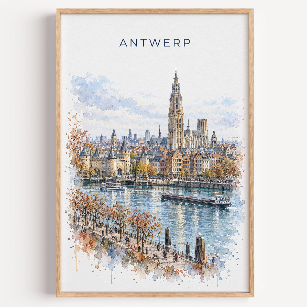 Antwerp watercolor print in a light oak frame on a plain white wall