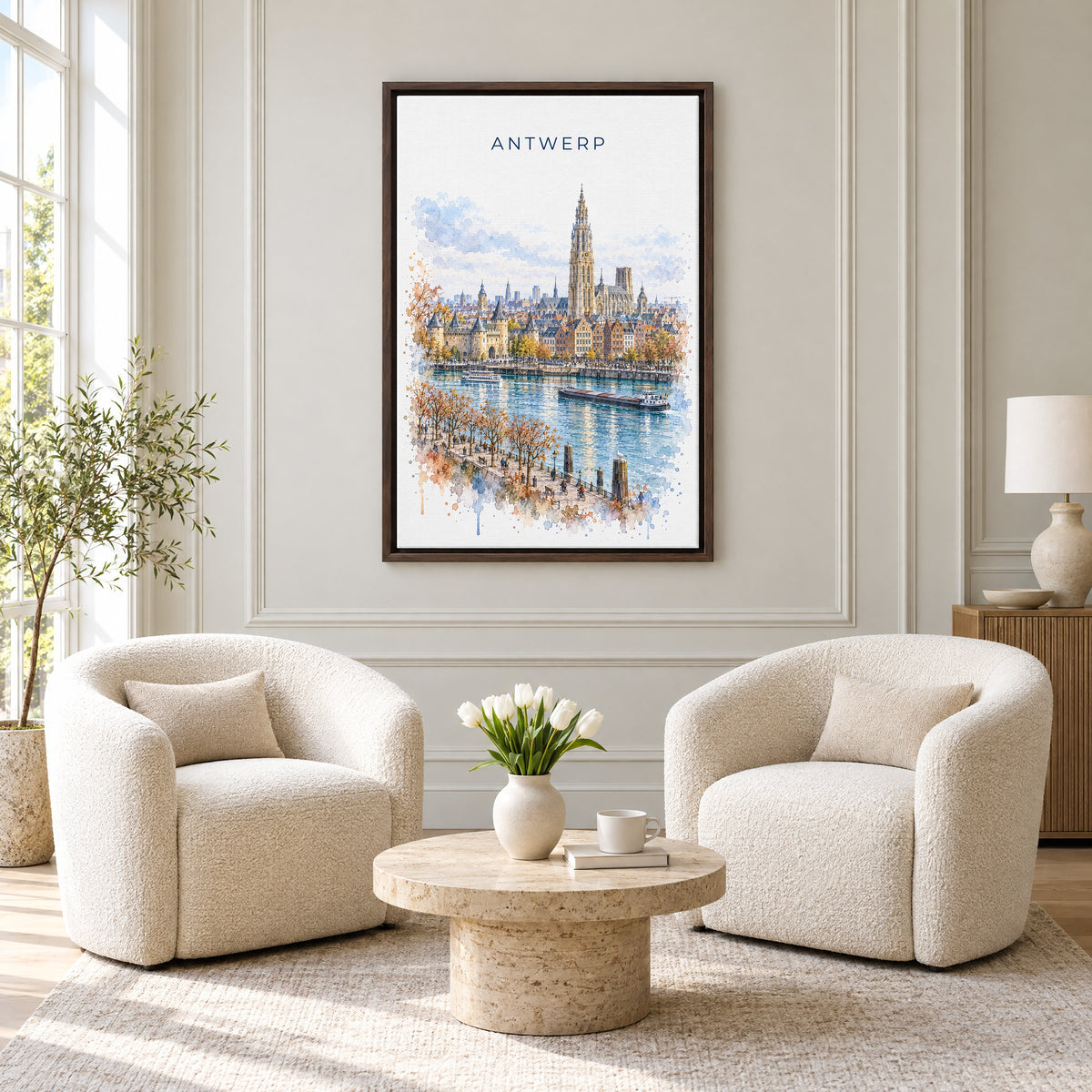 Antwerp watercolor print as an espresso floater canvas above two boucle armchairs in a hotel lounge