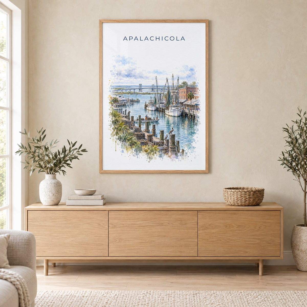 Apalachicola, Florida watercolor print in an oak frame above a light wood sideboard in a Scandinavian living room