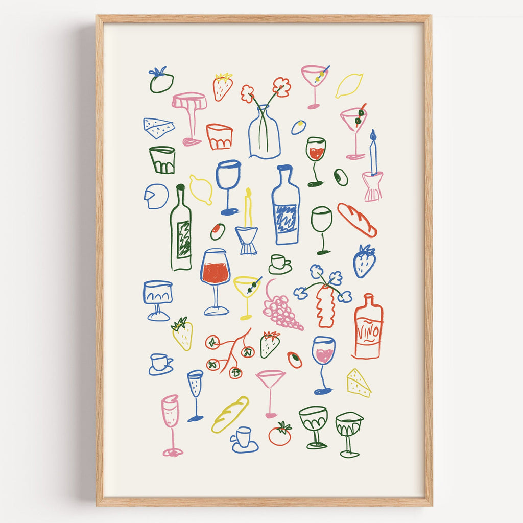 Aperitivo doodle print in a light oak frame on a plain white wall
