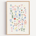 Aperitivo doodle print in a light oak frame on a plain white wall