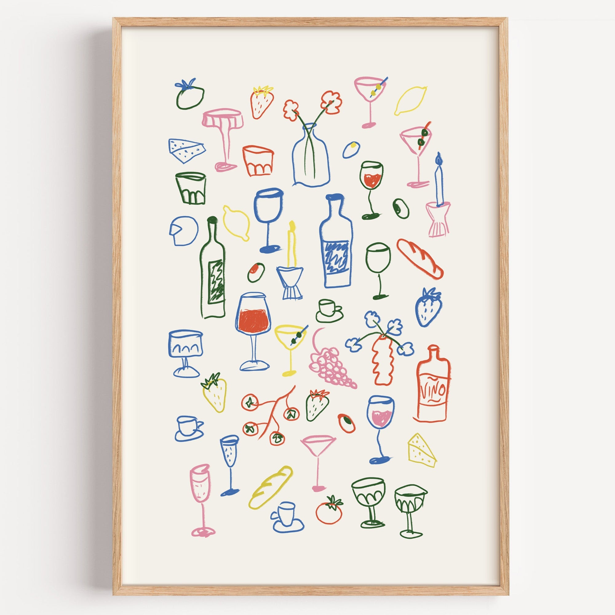 Aperitivo doodle print in a light oak frame on a plain white wall