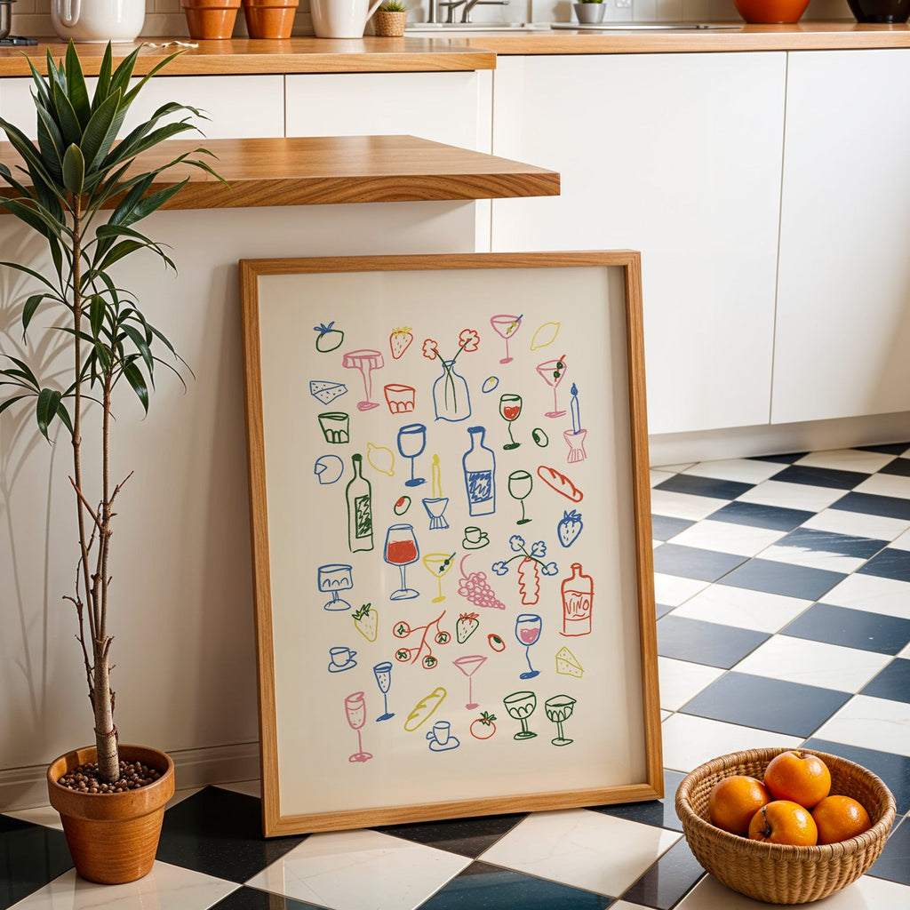 Aperitivo doodle print in an oak frame by a kitchen island and checkered floor