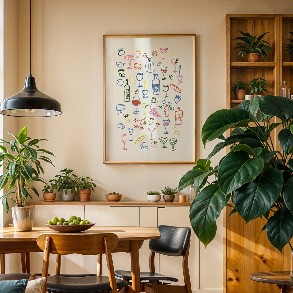 Aperitivo doodle print in an oak frame above a sideboard in a plant-filled dining room
