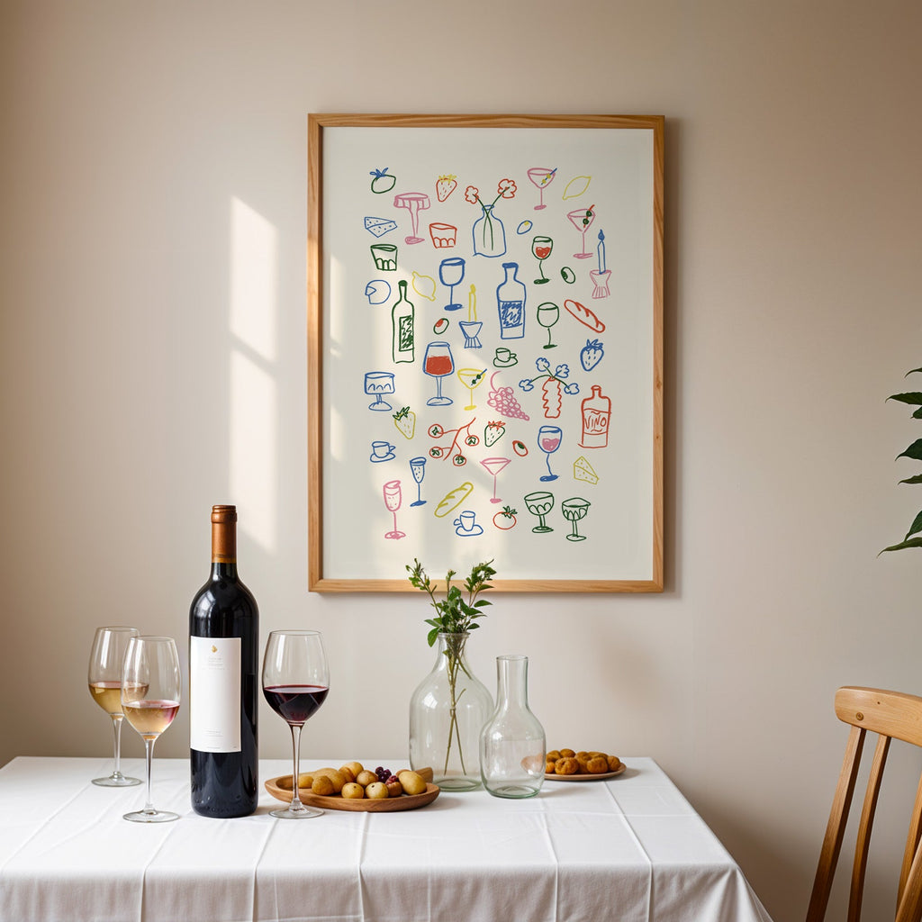 Aperitivo doodle print in an oak frame above a table laid with red wine and glasses