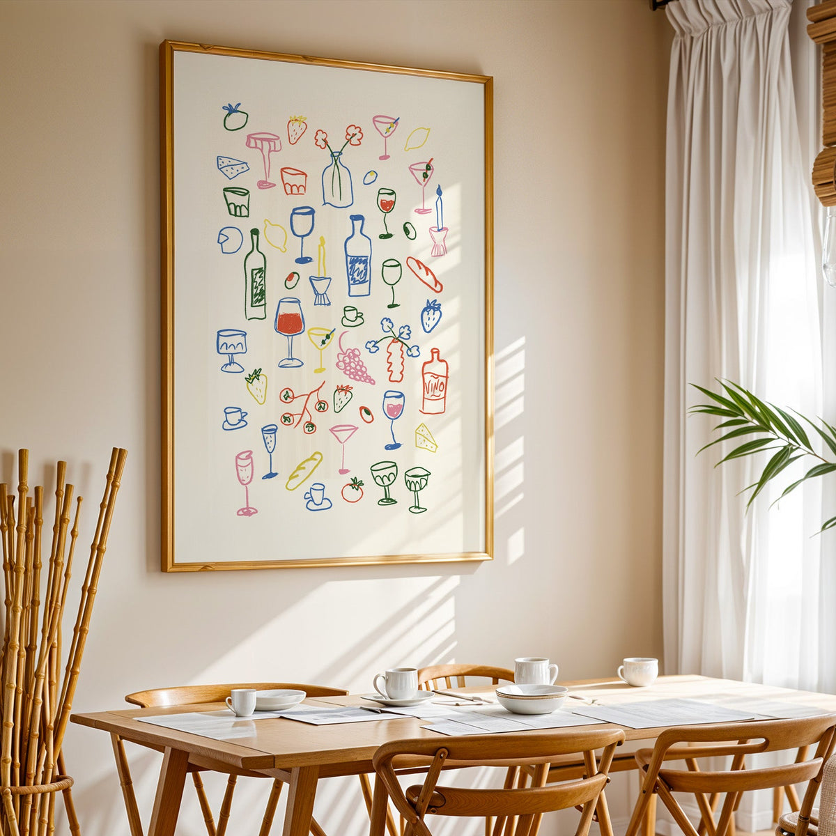 Aperitivo doodle print in a gold frame above a sunlit breakfast table