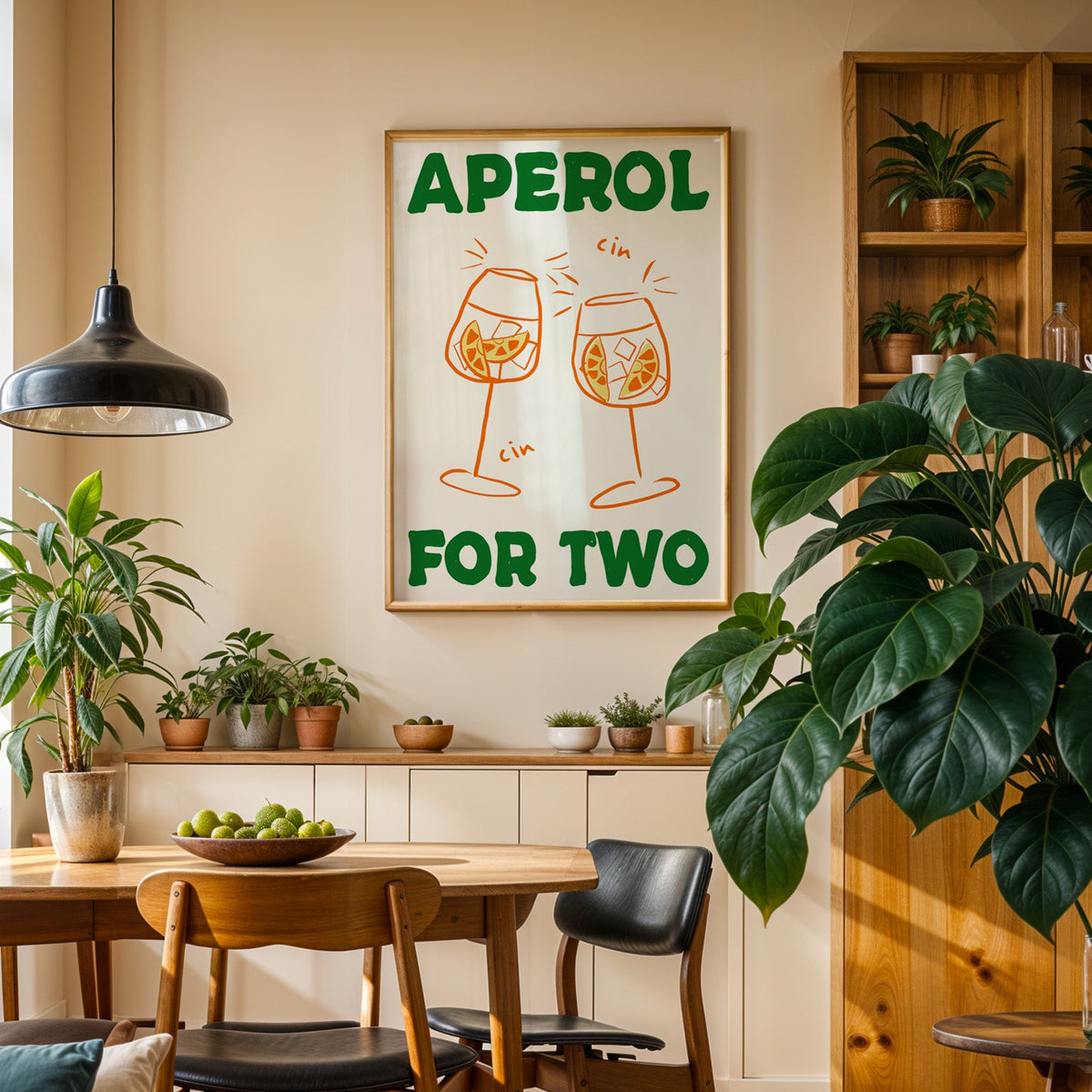 Aperol spritz print in an oak frame above a sideboard in a plant-filled dining room