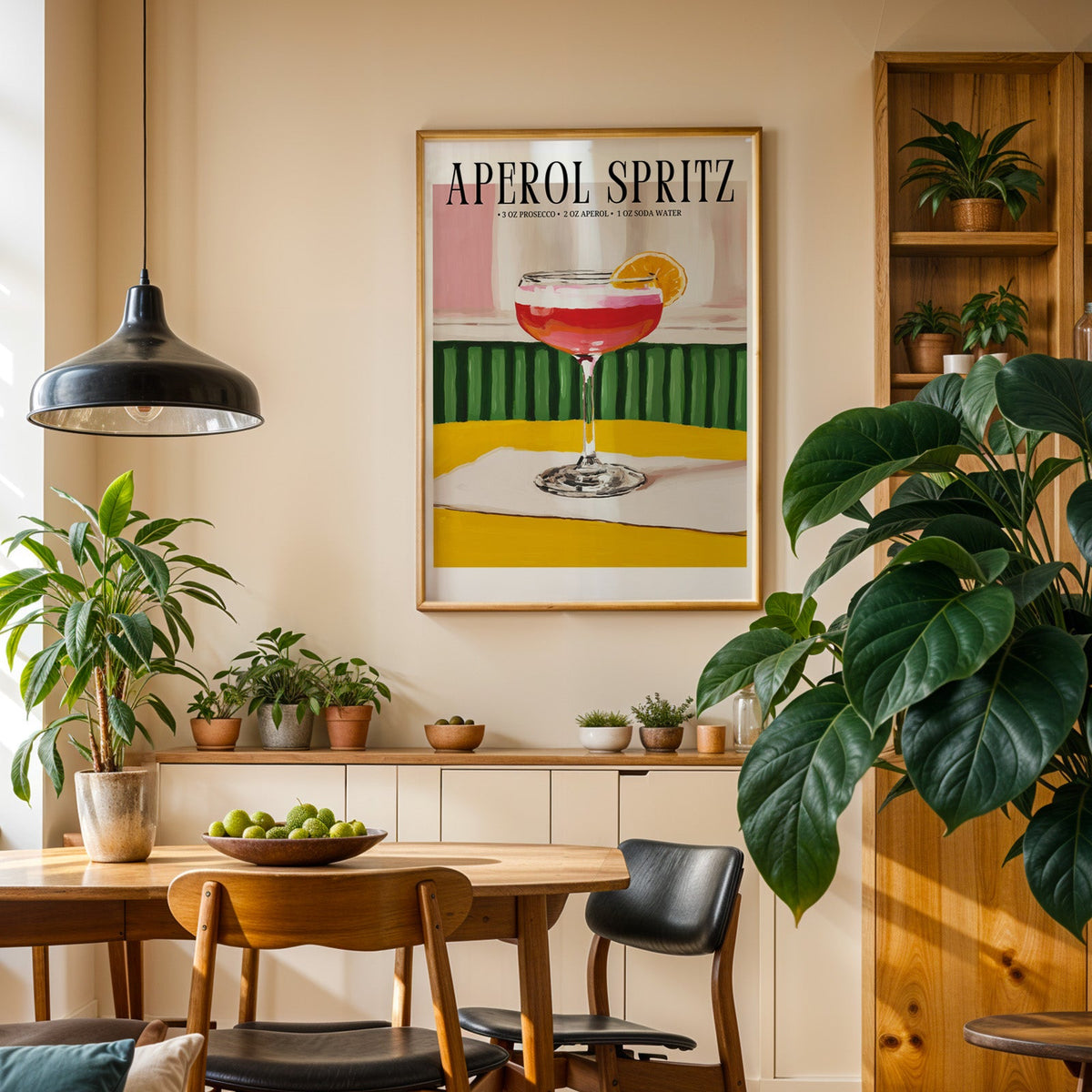 Aperol Spritz recipe print in an oak frame in a dining room above a plant-lined sideboard