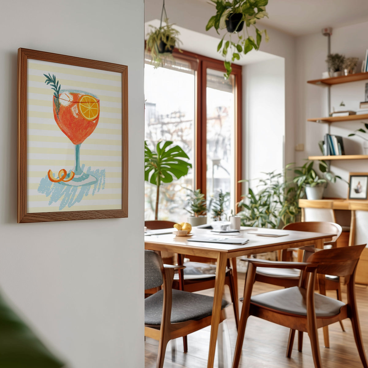 Aperol spritz print in a walnut frame beside a mid-century dining table