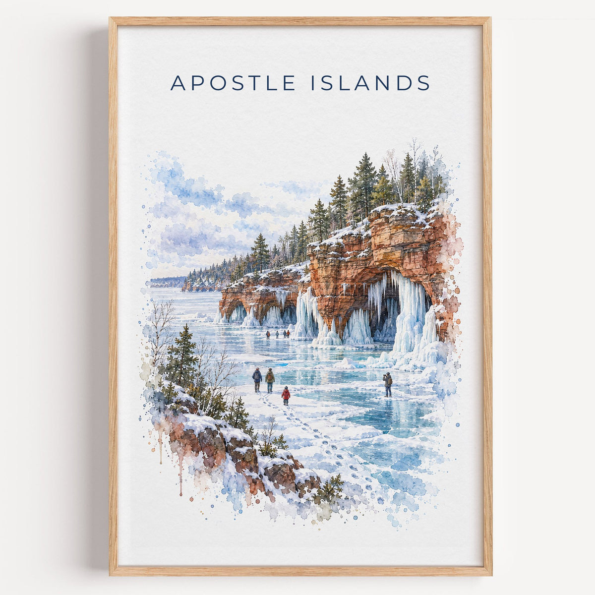 Apostle Islands watercolor print in a light oak frame on a plain white wall