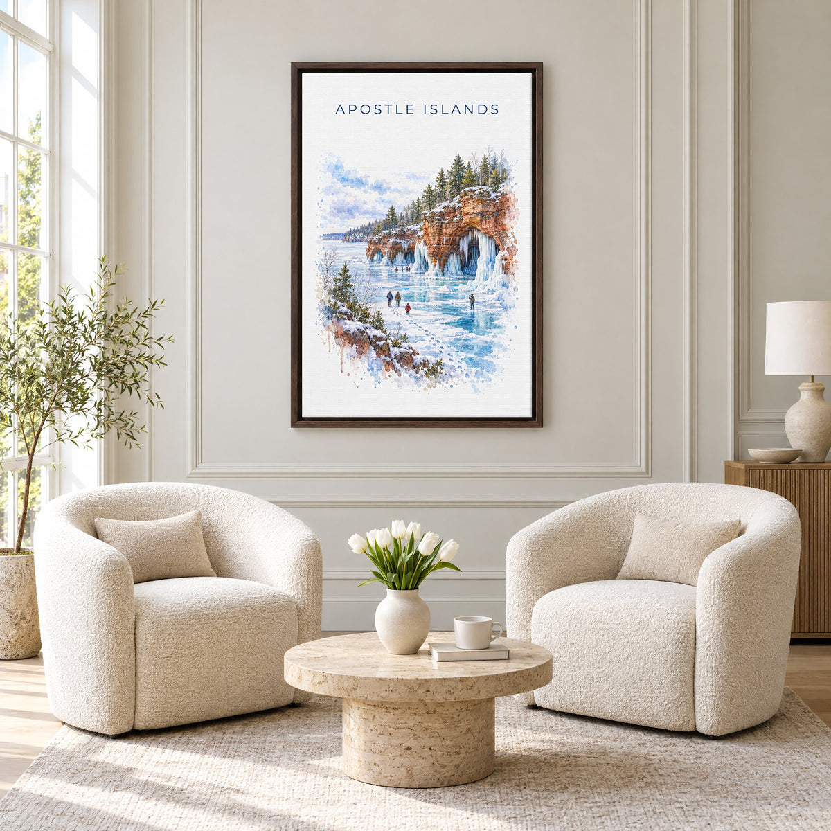 Apostle Islands watercolor print as an espresso floater canvas above two boucle armchairs in a hotel lounge