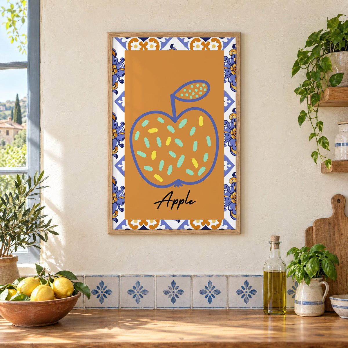 Apple blue outline ochre majolica print in an oak frame on a cream plaster wall above a worktop with a bowl of lemons and blue-and-white tiles