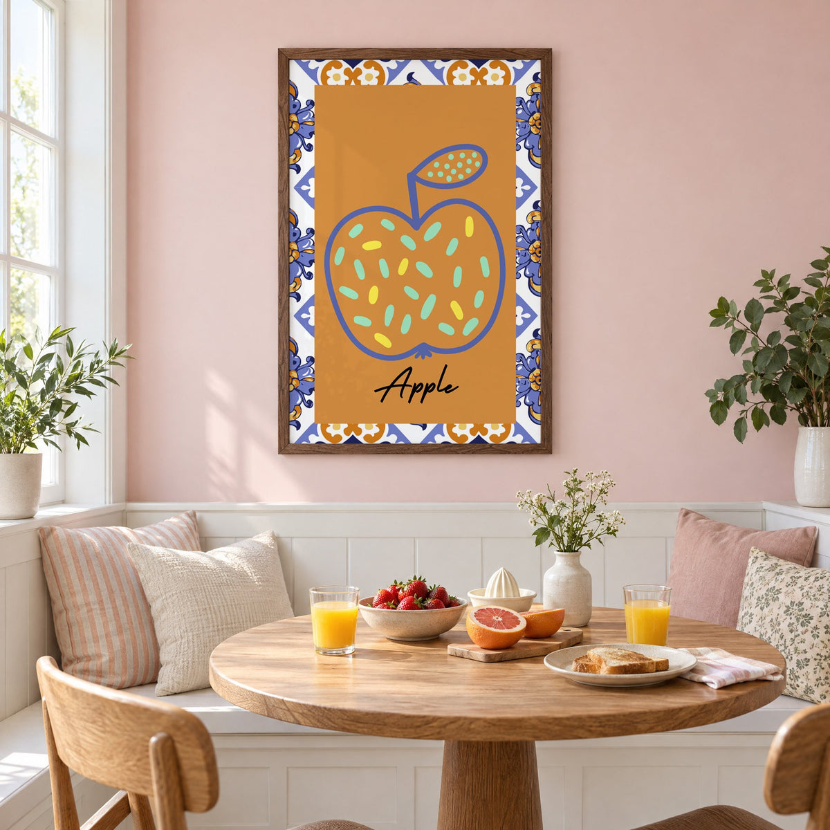Apple blue outline ochre majolica print in a walnut frame on a pastel pink wall above a breakfast nook with strawberries and orange juice