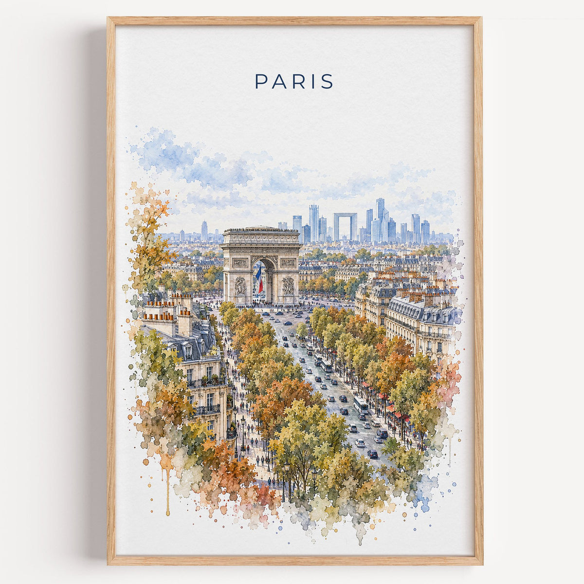Arc de Triomphe watercolor print in a light oak frame on a plain white wall
