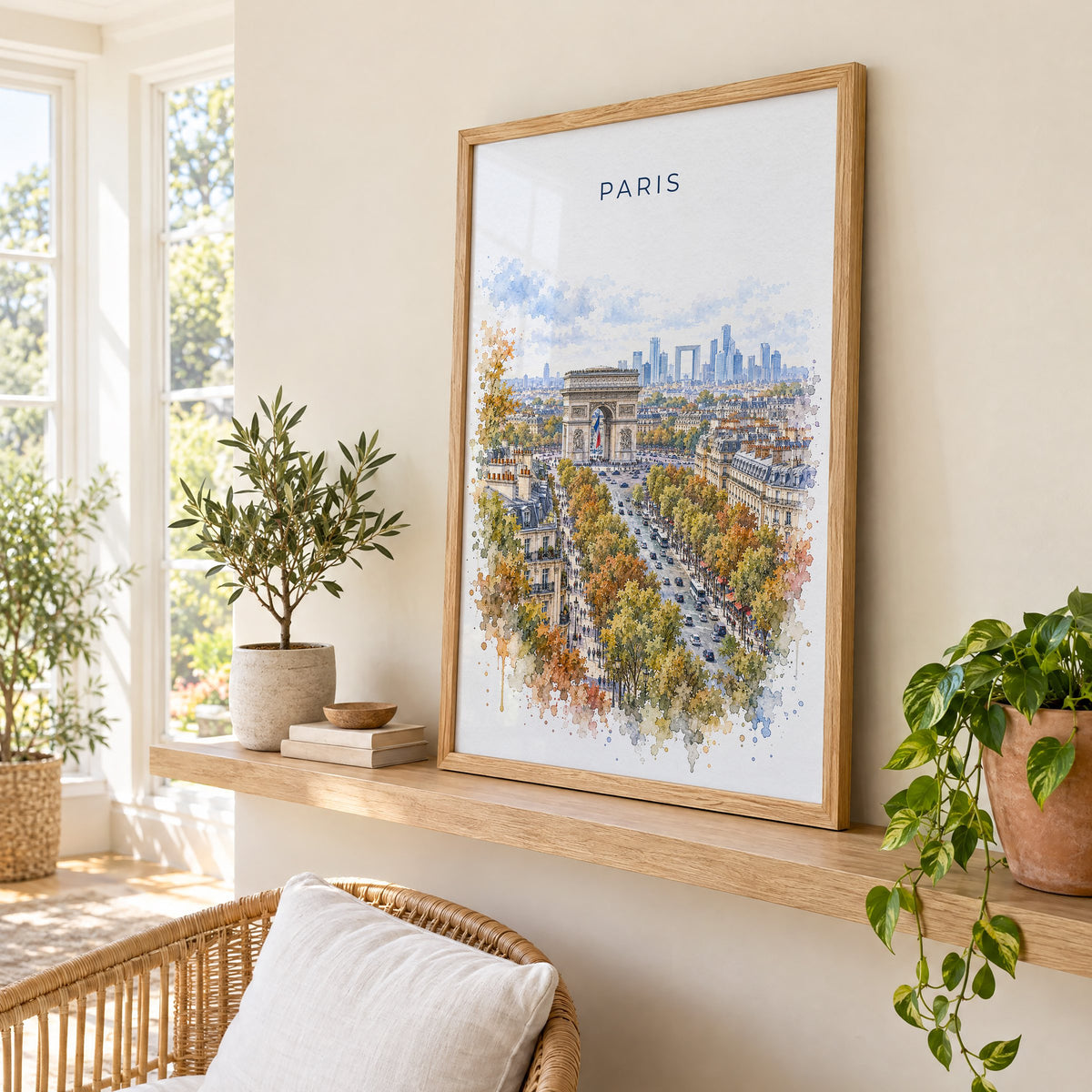 Arc de Triomphe watercolor print in an oak frame on a picture ledge in a sunlit sunroom