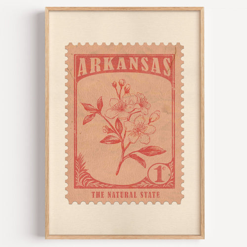 Arkansas state flower stamp print in terracotta on blush, light oak frame on a plain white wall