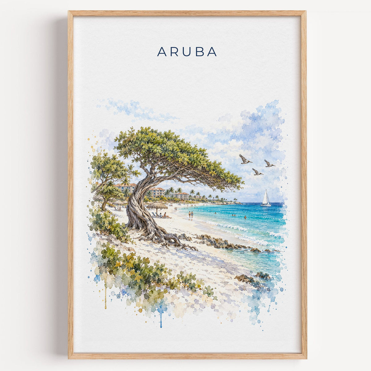Aruba watercolor print in a light oak frame on a plain white wall