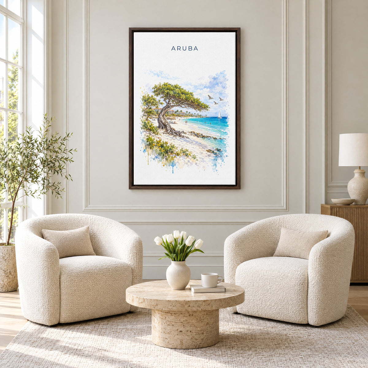 Aruba watercolor print as an espresso floater canvas above two boucle armchairs in a hotel lounge