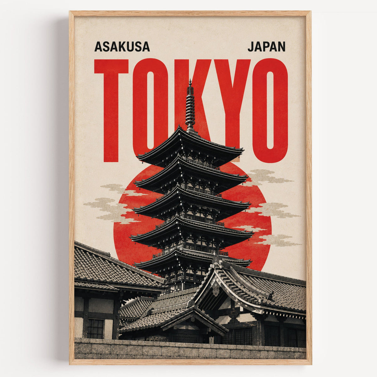 Asakusa Tokyo pagoda poster in a light oak frame on a plain white wall