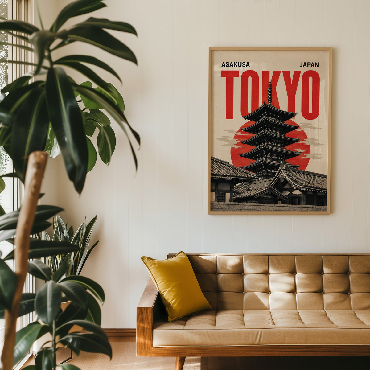 Asakusa Tokyo pagoda poster in an oak frame above a tan tufted leather sofa with a mustard cushion