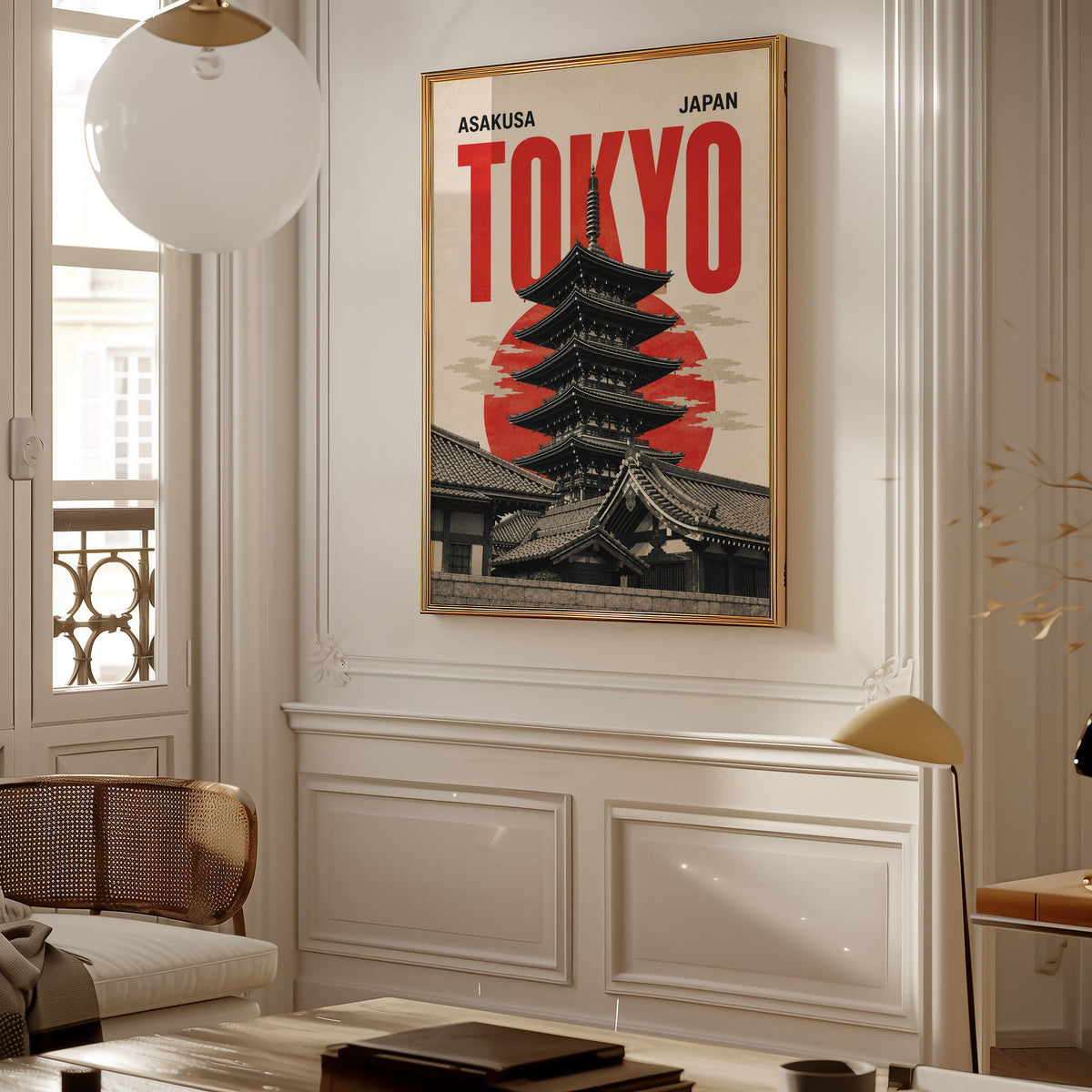 Asakusa Tokyo pagoda poster shown in a gold frame on a paneled wall in a Parisian-style living room