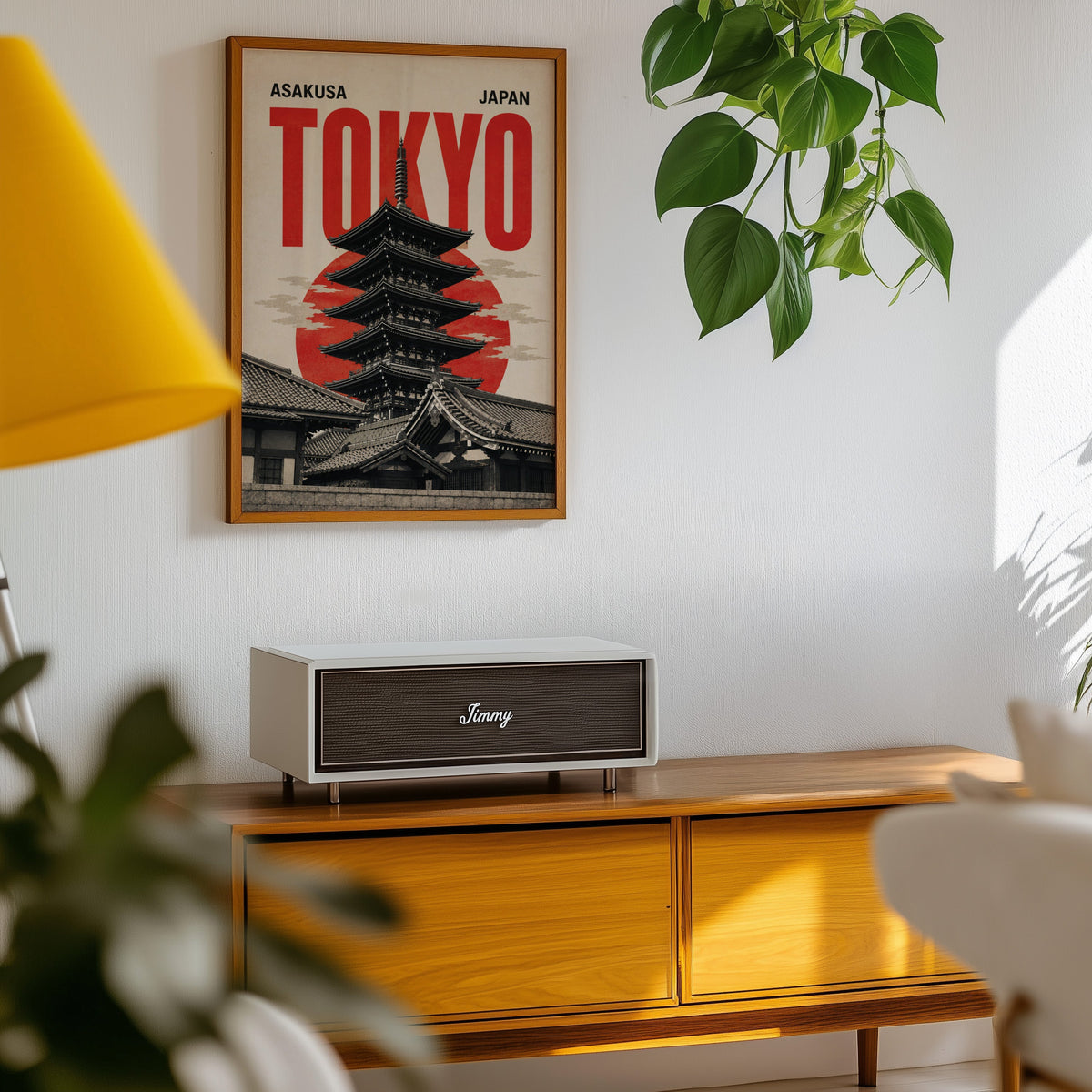 Asakusa Tokyo pagoda poster in an oak frame above a teak mid-century sideboard with trailing pothos