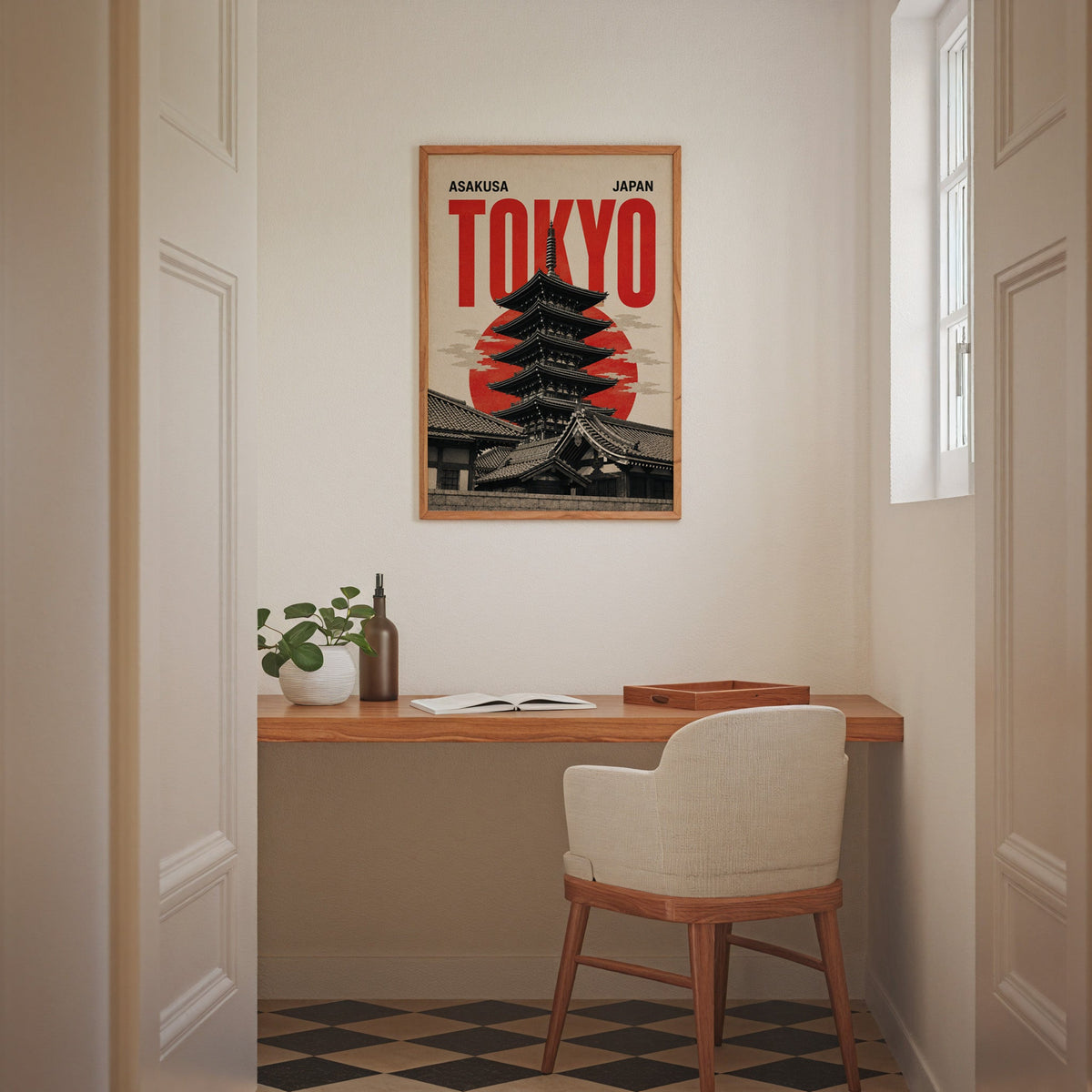 Asakusa Tokyo pagoda poster in an oak frame above a wall-mounted desk in a home office nook