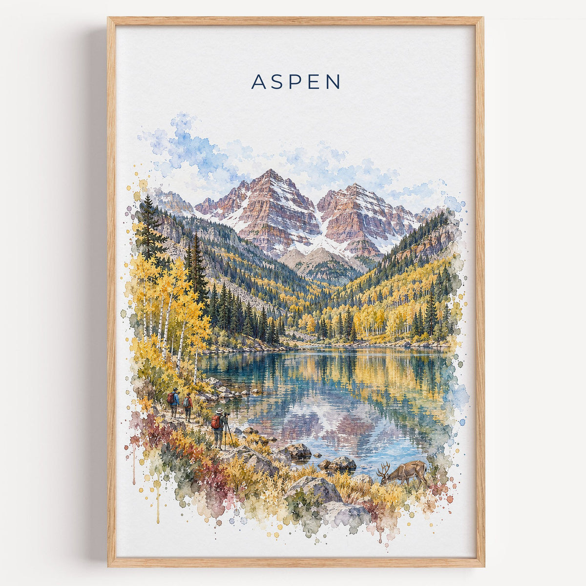 Aspen watercolor print in a light oak frame on a plain white wall