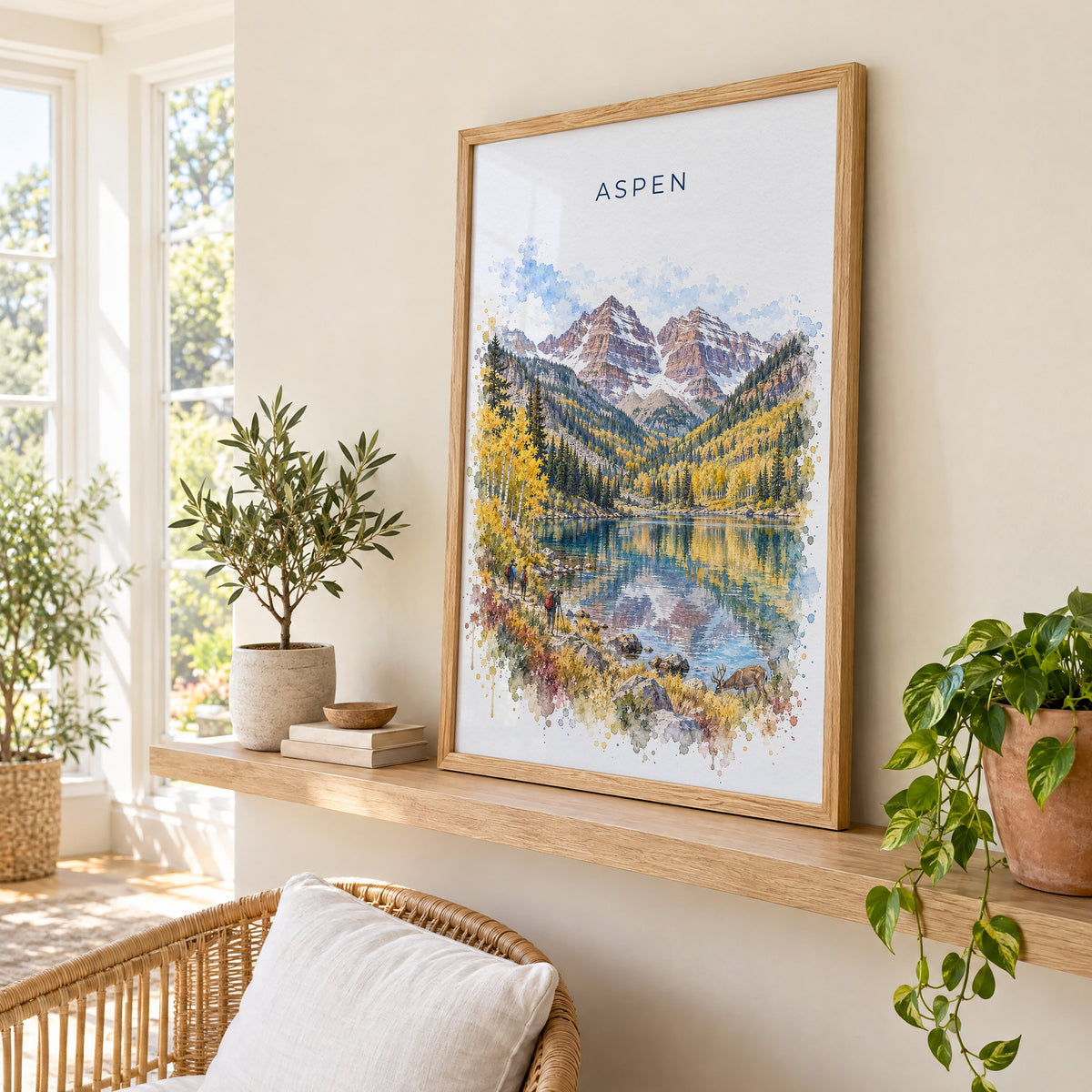 Aspen watercolor print in an oak frame on a picture ledge in a sunlit sunroom