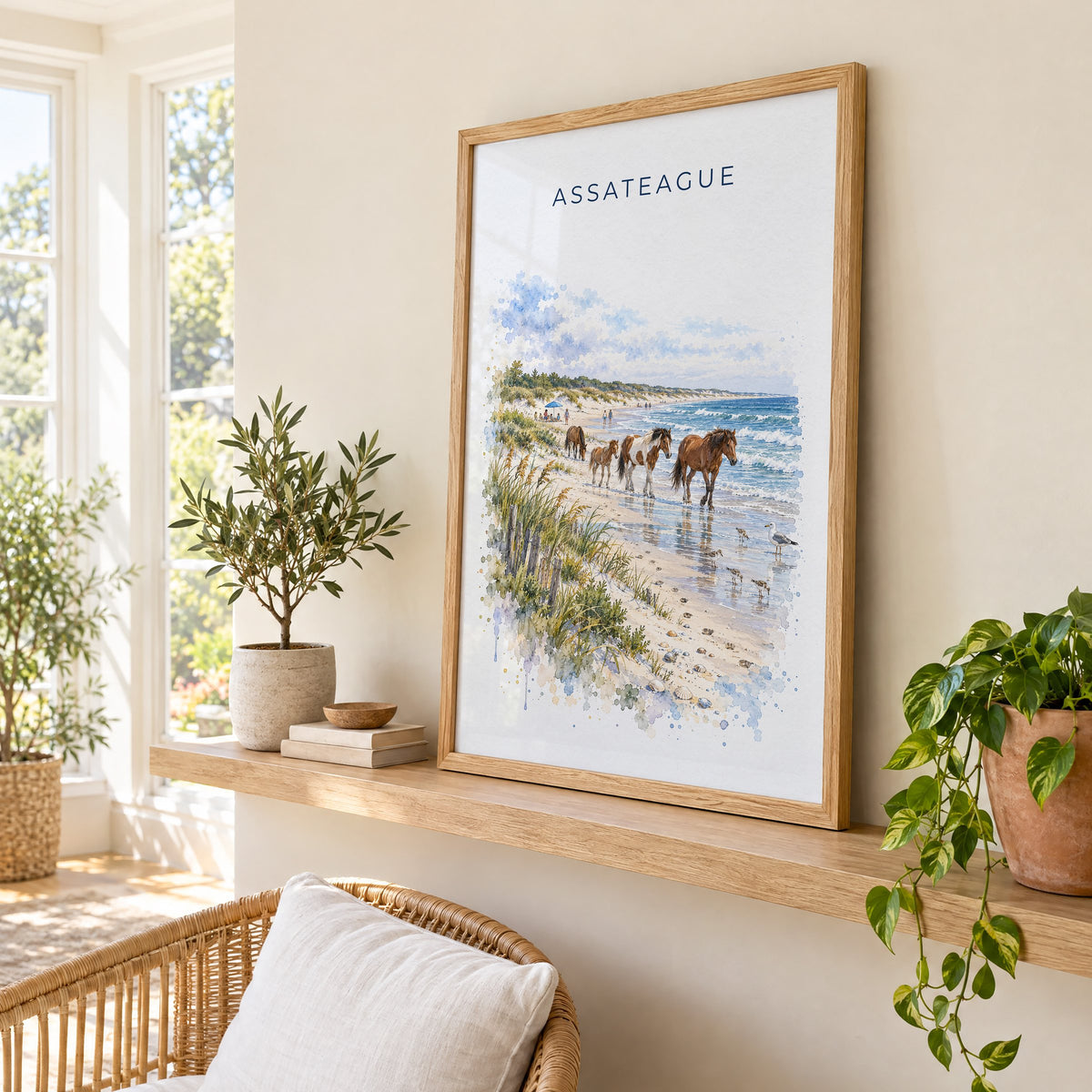 Assateague Island National Seashore watercolor print in an oak frame on a picture ledge in a sunlit sunroom