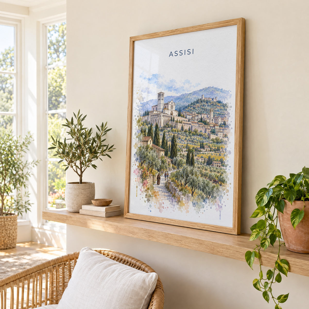 Assisi watercolor print in an oak frame on a picture ledge in a sunlit sunroom