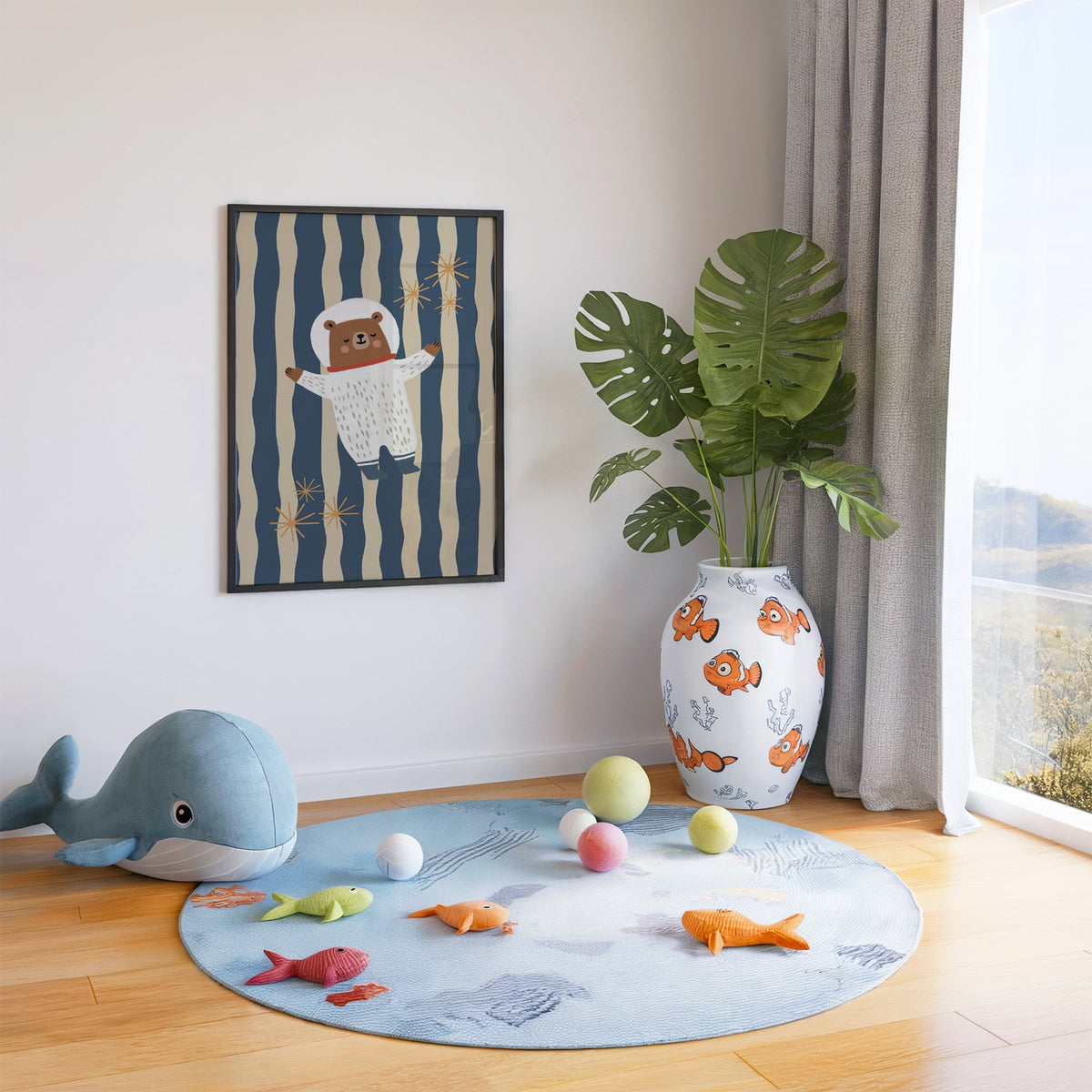 Astronaut bear wavy stripe nursery print in a black frame in a playroom with an ocean rug and whale plush