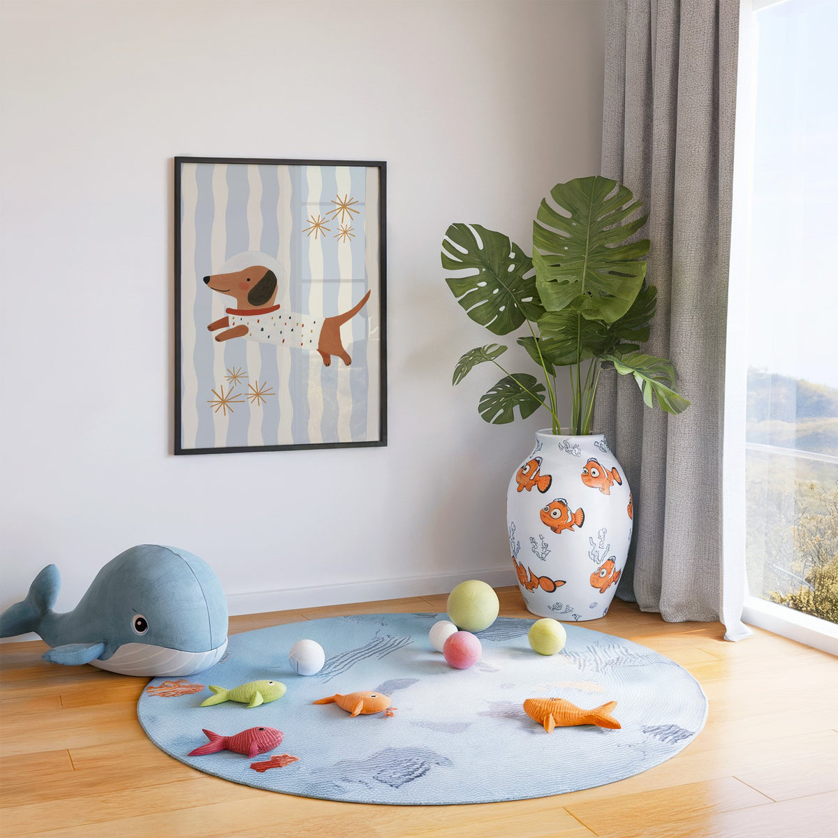 Astronaut dachshund wavy stripe nursery print in a black frame in a playroom with an ocean rug and whale plush