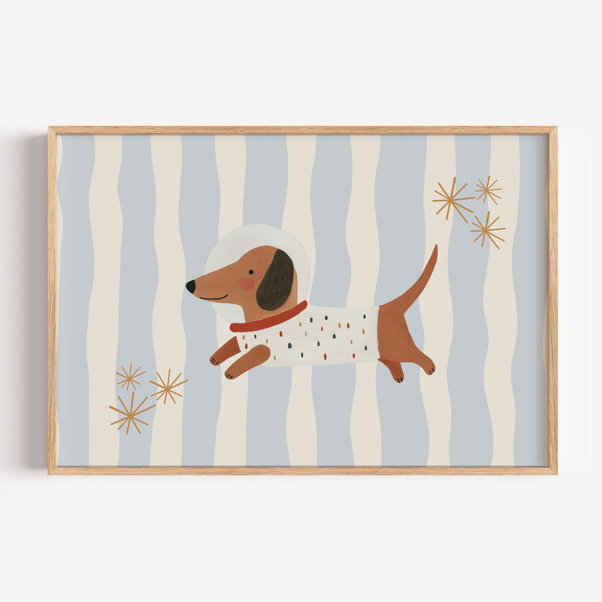 Landscape astronaut dachshund wavy stripe nursery print in a light oak frame on a plain white wall