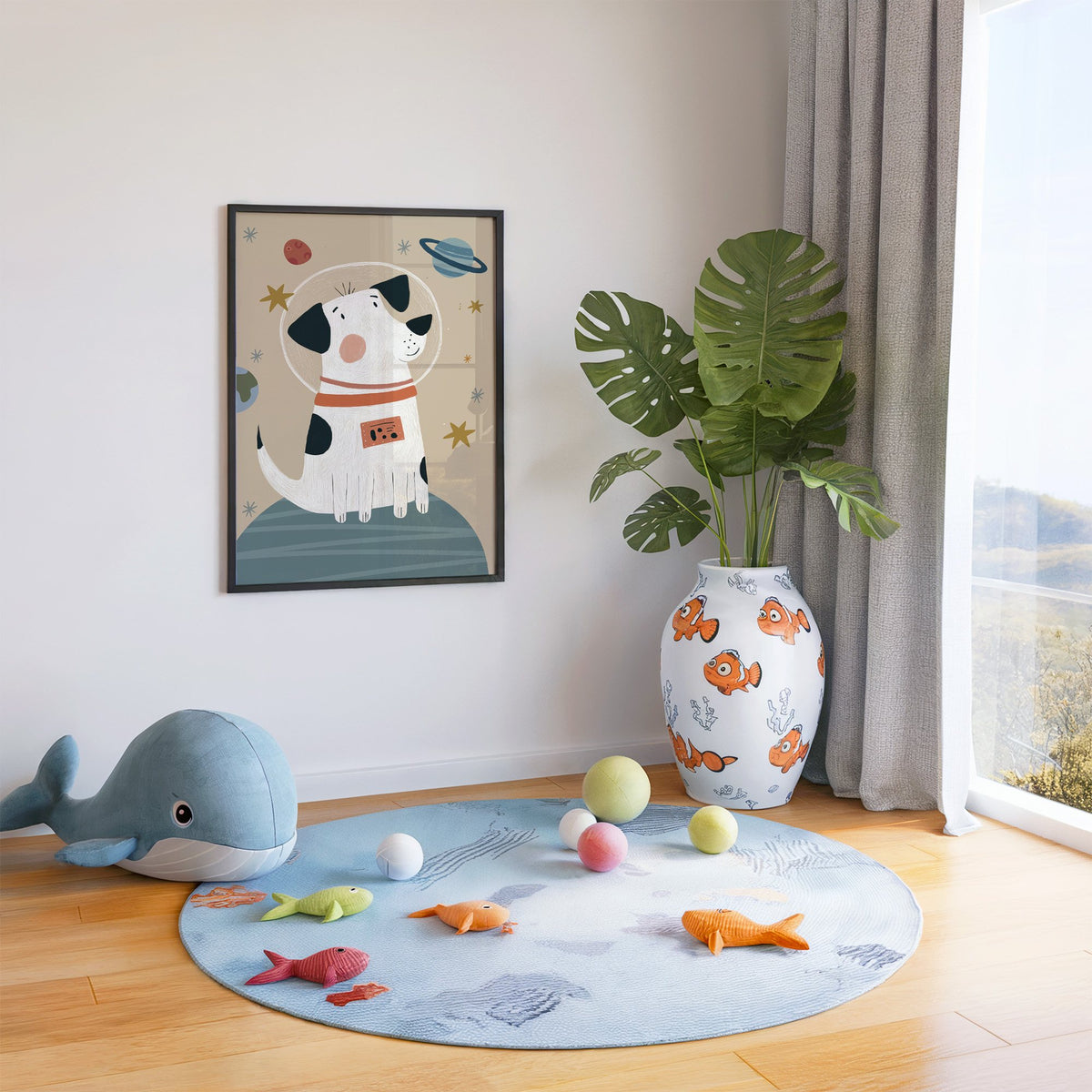 Spotted dog astronaut planet nursery print in a black frame in a playroom with an ocean rug and whale plush