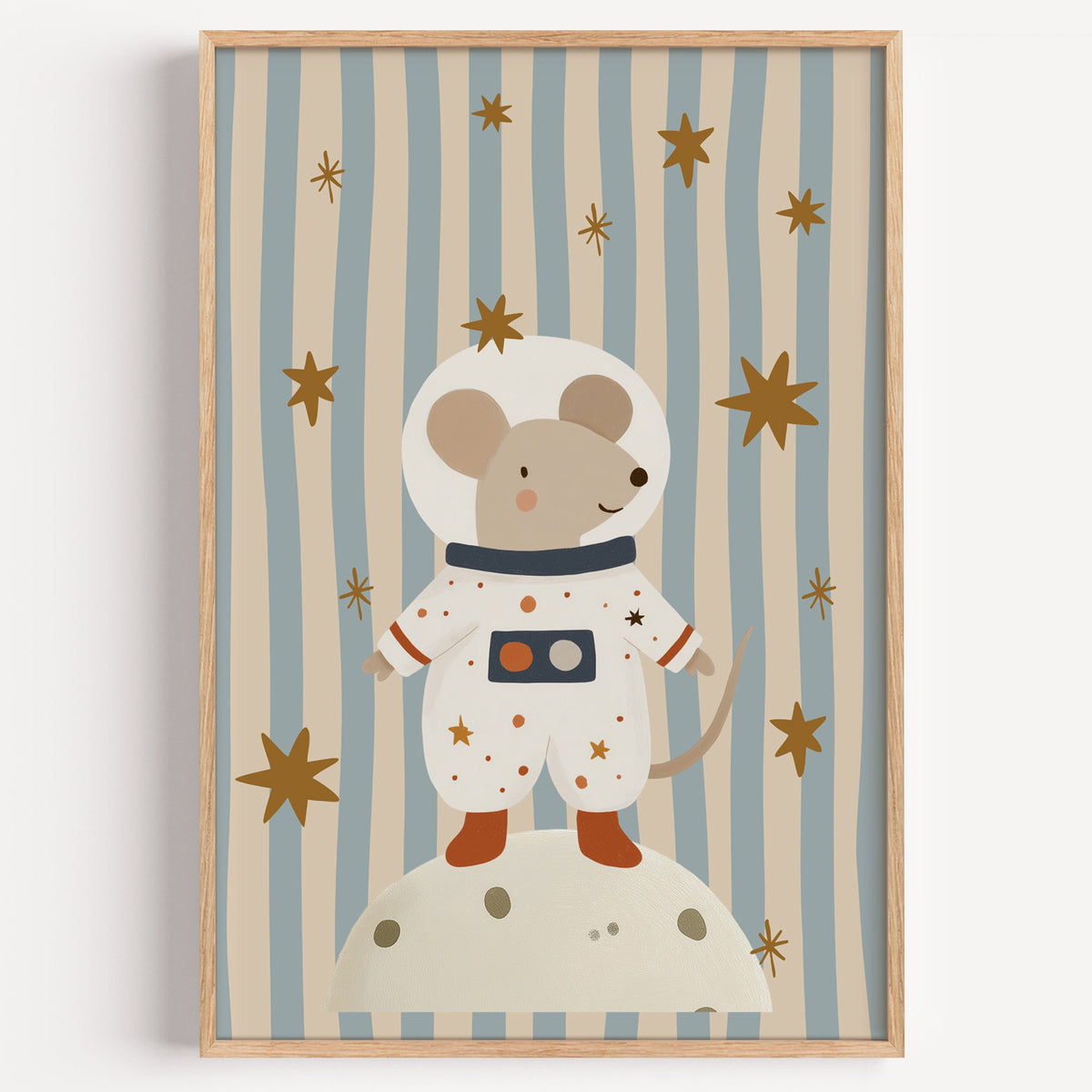 Astronaut mouse on the moon nursery print in a light oak frame on a plain white wall
