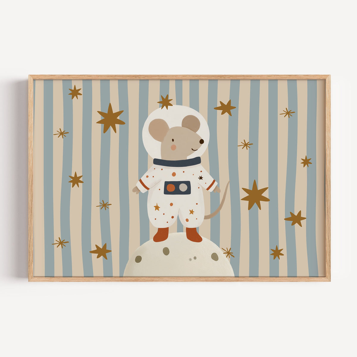 Landscape astronaut mouse on the moon nursery print in a light oak frame on a plain white wall