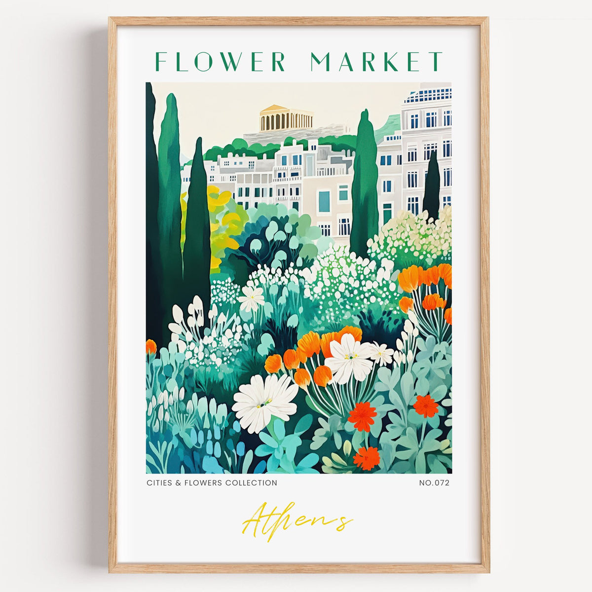 Athens flower market print in a light oak frame on a plain white wall