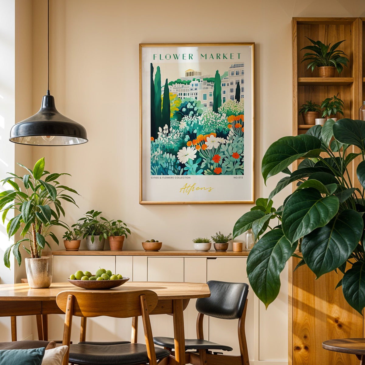 Athens flower market print in an oak frame above a dining sideboard lined with potted plants