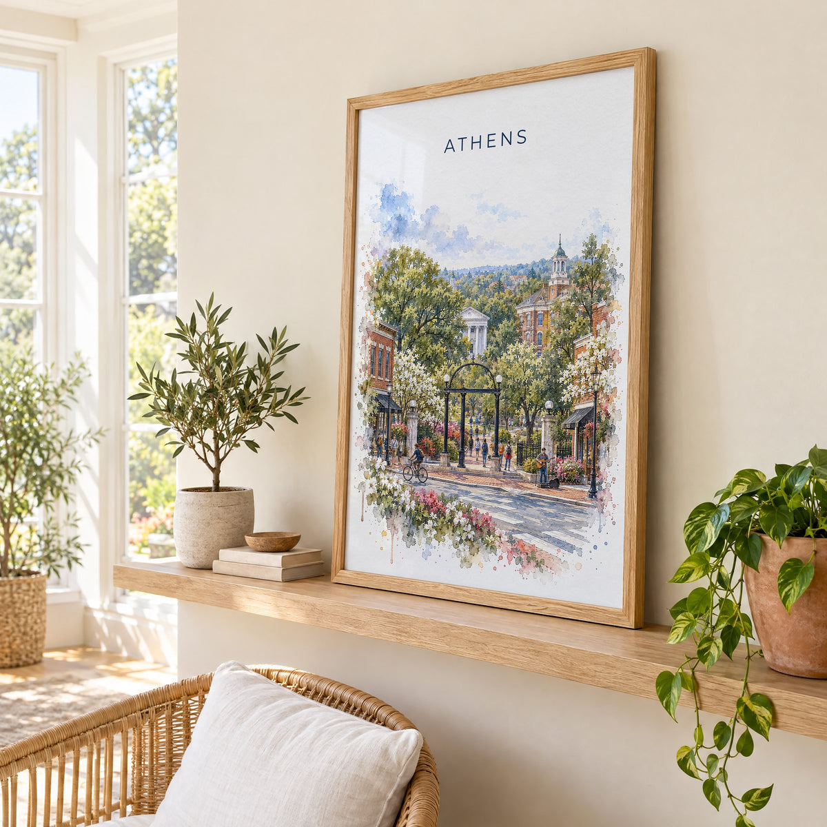 Athens, Georgia watercolor print in an oak frame on a picture ledge in a sunlit sunroom