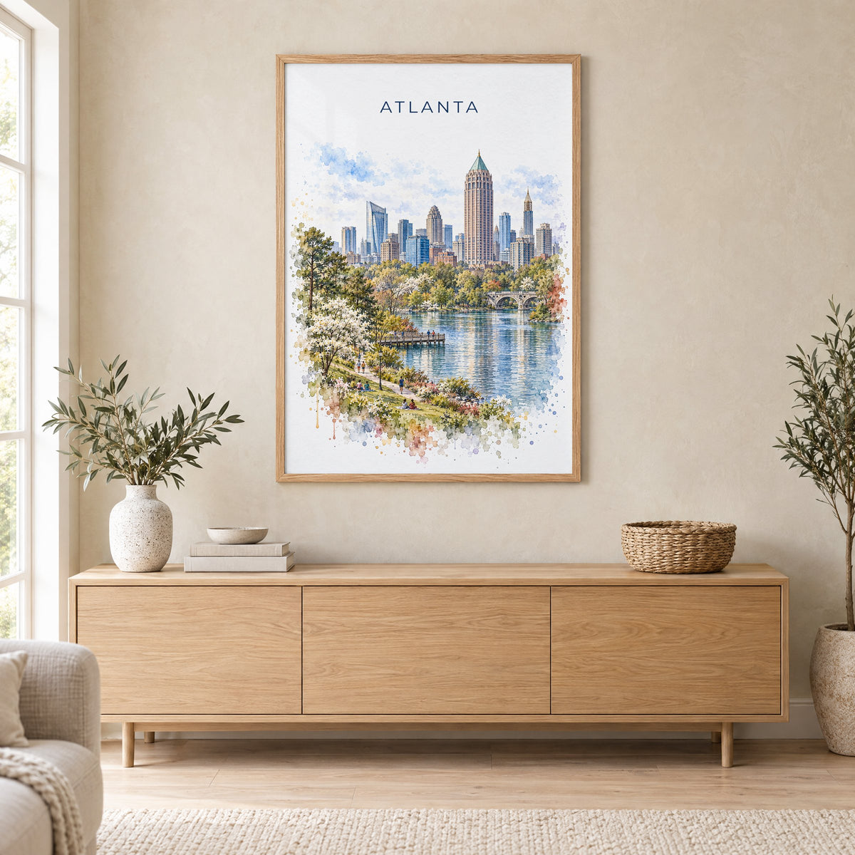 Atlanta watercolor print in an oak frame above a light wood sideboard in a Scandinavian living room