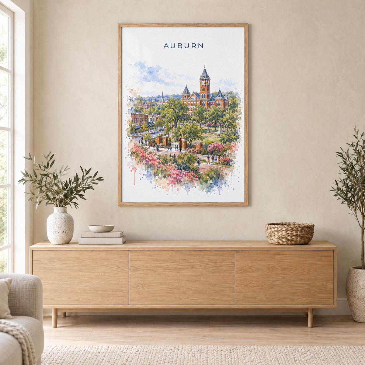 Auburn, Alabama watercolor print in an oak frame above a light wood sideboard in a Scandinavian living room