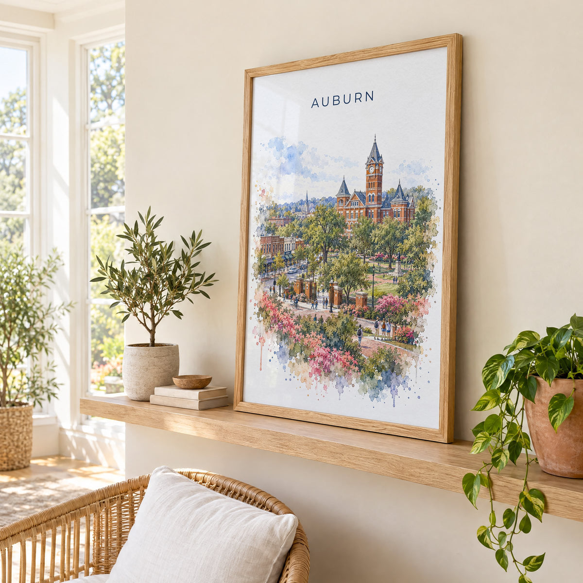 Auburn, Alabama watercolor print in an oak frame on a picture ledge in a sunlit sunroom