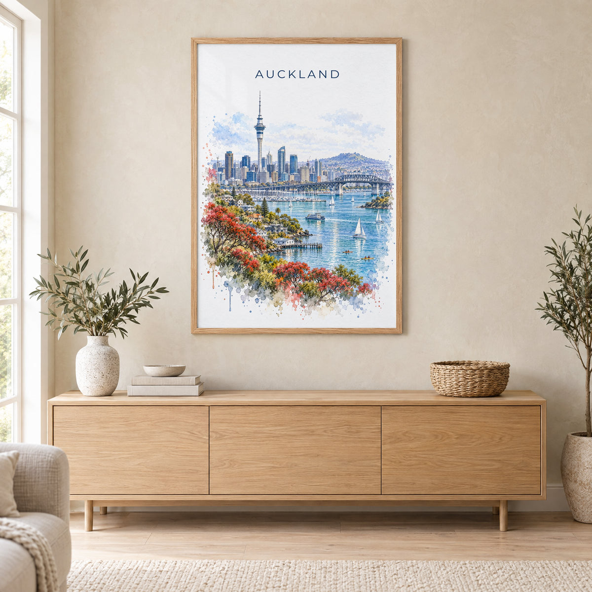 Auckland watercolor print in an oak frame above a light wood sideboard in a Scandinavian living room