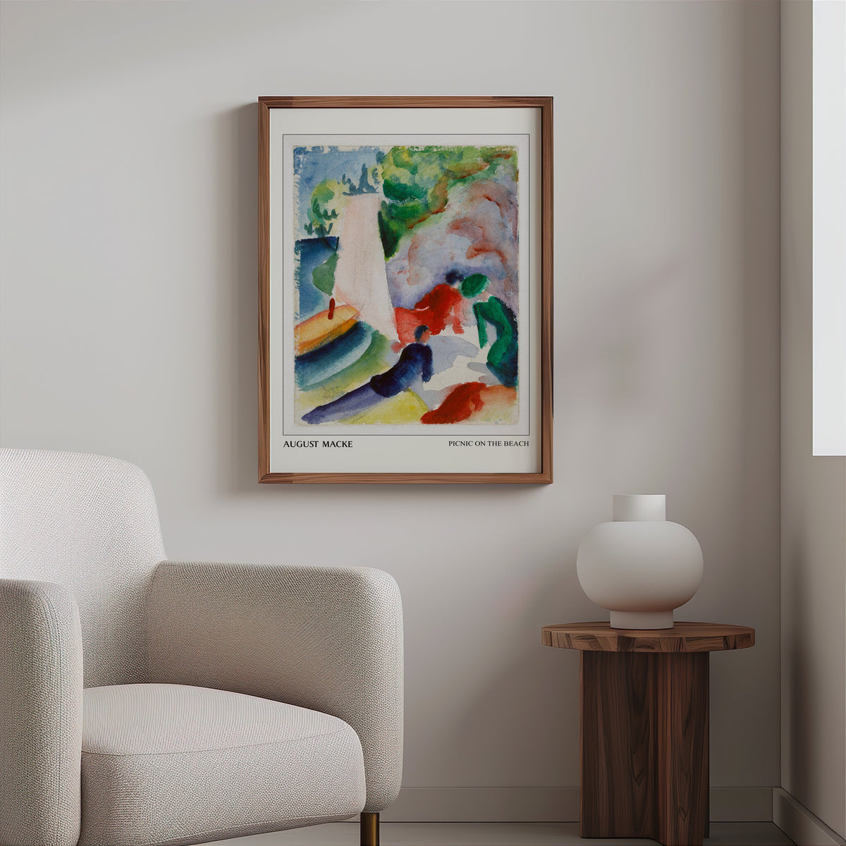Macke watercolour in a slim walnut frame above a bouclé armchair