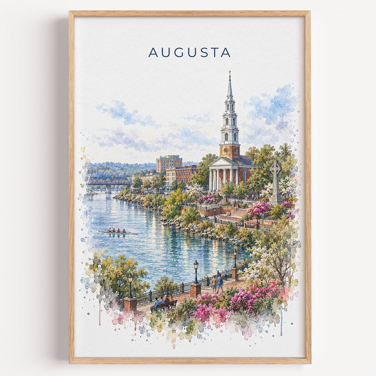Augusta, Georgia watercolor print in a light oak frame on a plain white wall
