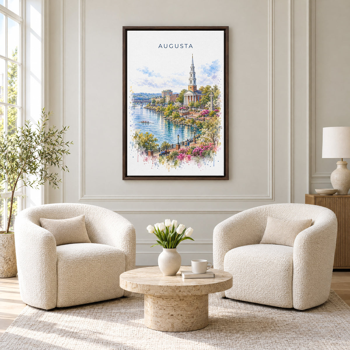 Augusta, Georgia watercolor print as an espresso floater canvas above two boucle armchairs in a hotel lounge